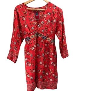 Johnny Was 100% Silk Women's Dress Red Floral Embroidered Tie Back XS